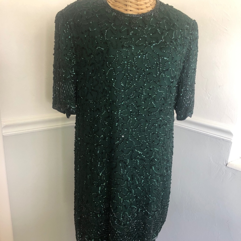 Brilliant by J.A. Beaded & Sequin Dress Silk Dark Green 1X